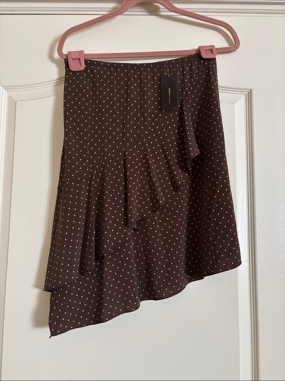 NWT BCBGMaxAzria Brown Asymmetrical Ruffle Polka Dot Skirt